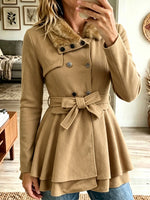 Faux Fur Collar Double‑Breasted Peplum Coat, Belted Short Winter Outerwear