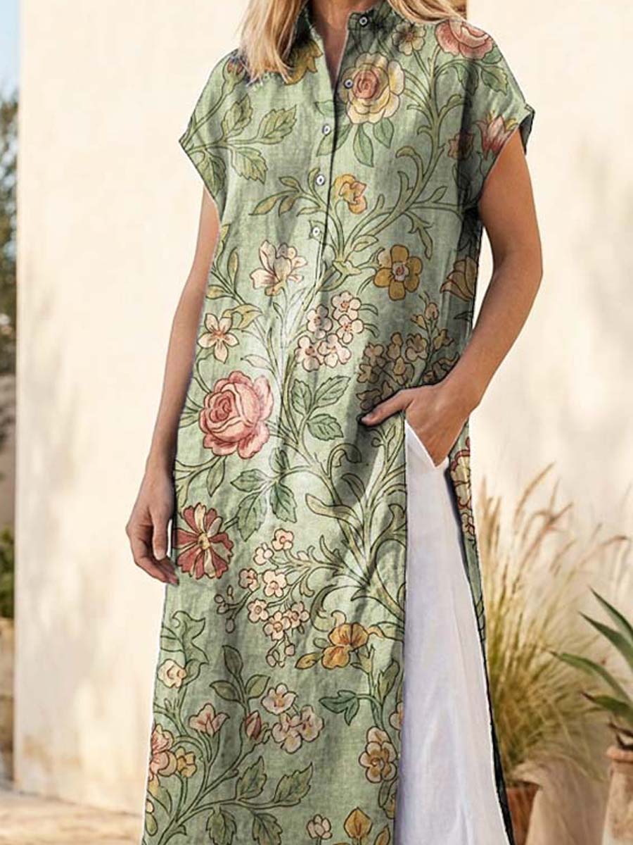 Retro Floral Pattern Art Print Casual Side Slits Stylish Cotton Linen Shirt