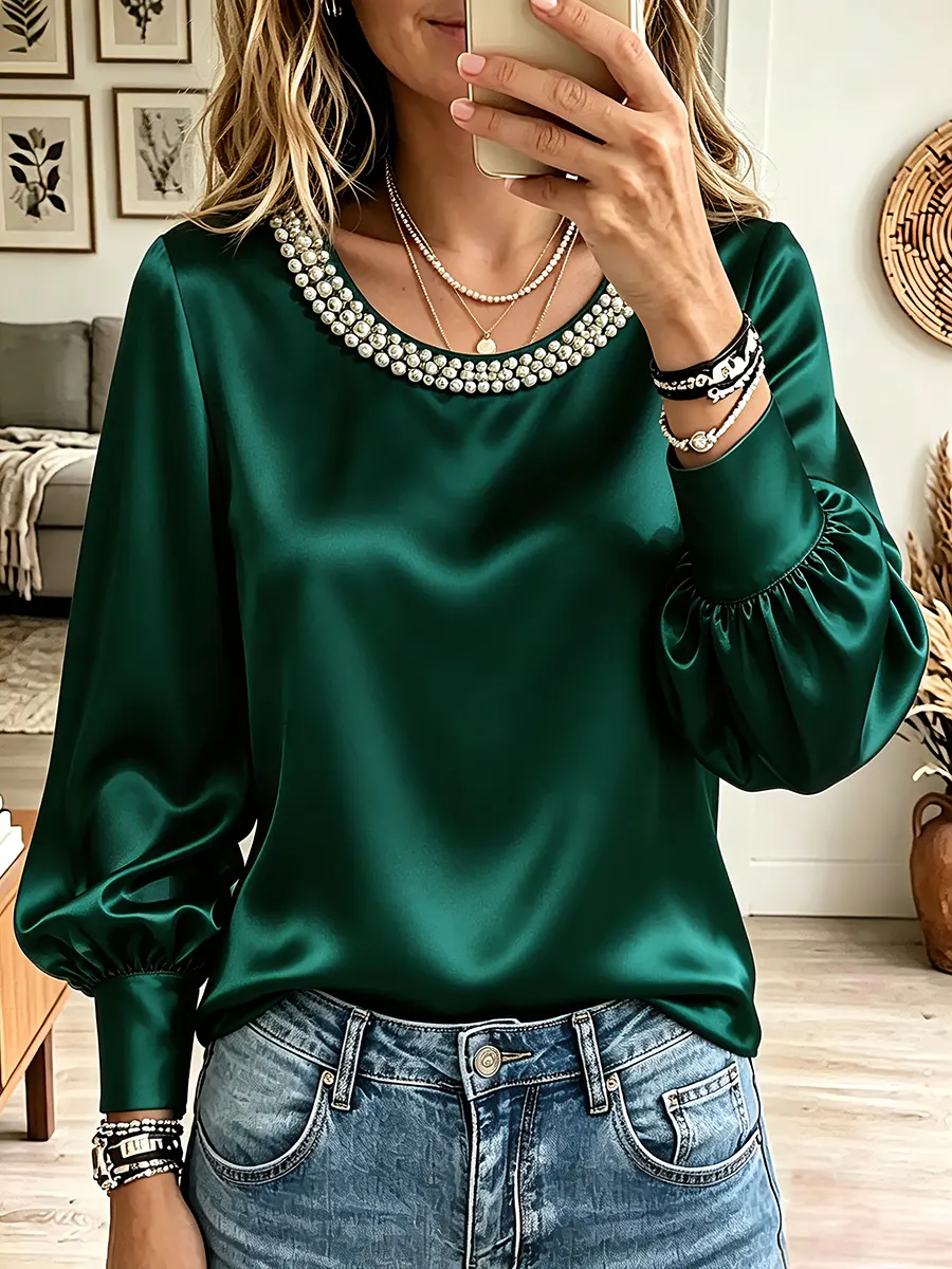 Vintage Elegant Pearl Round Neck Satin Shirt