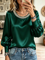 Vintage Elegant Pearl Round Neck Satin Shirt