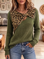 Vintage Elegant Cut-out Knit Patchwork Leopard-print Bow Sweater