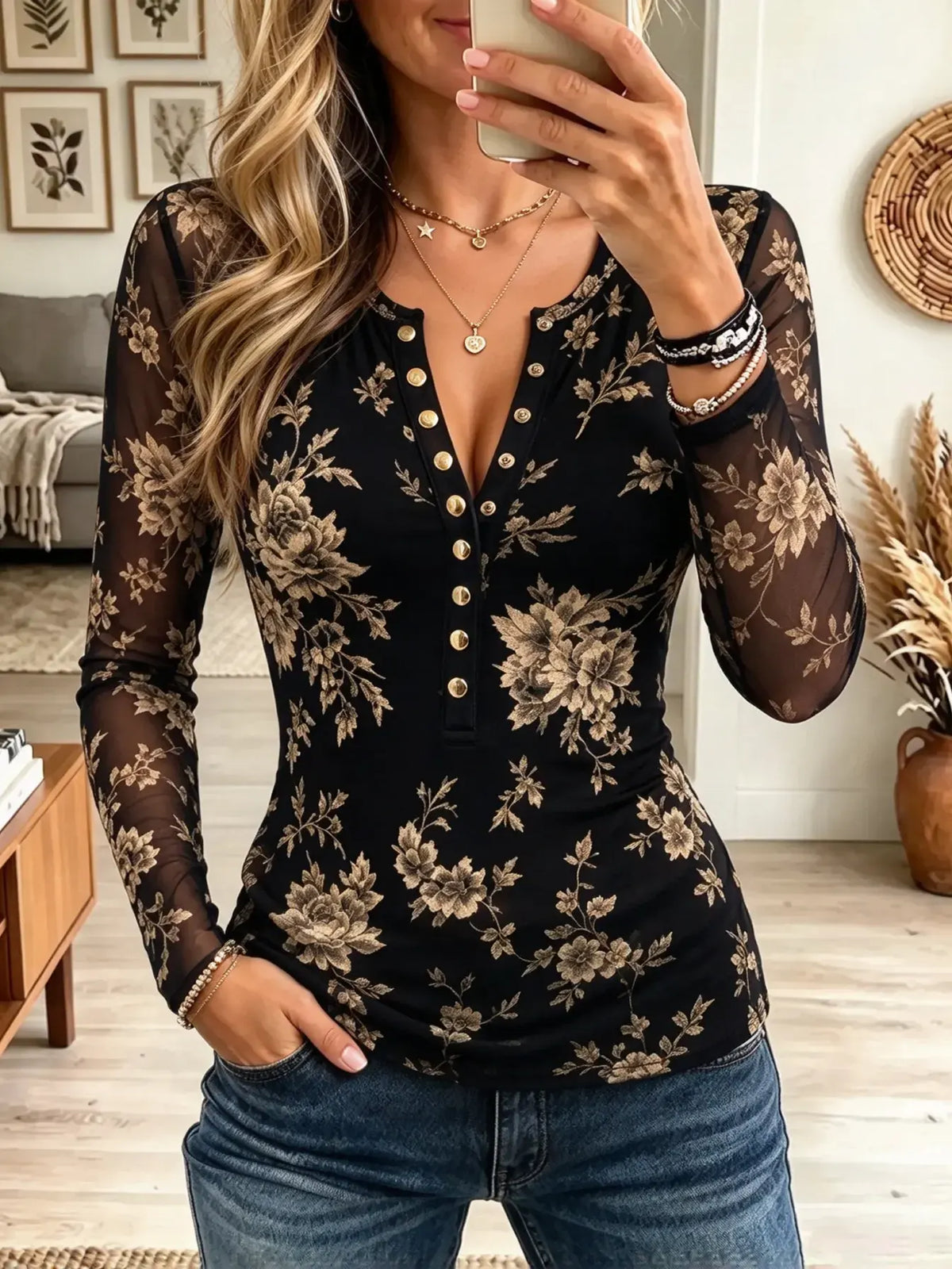 Women's Floral Print Sheer Sleeve Henley Top