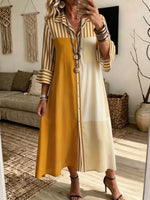 Color Block Stripe Patchwork Collared Button‑Down Midi Shirt Dress