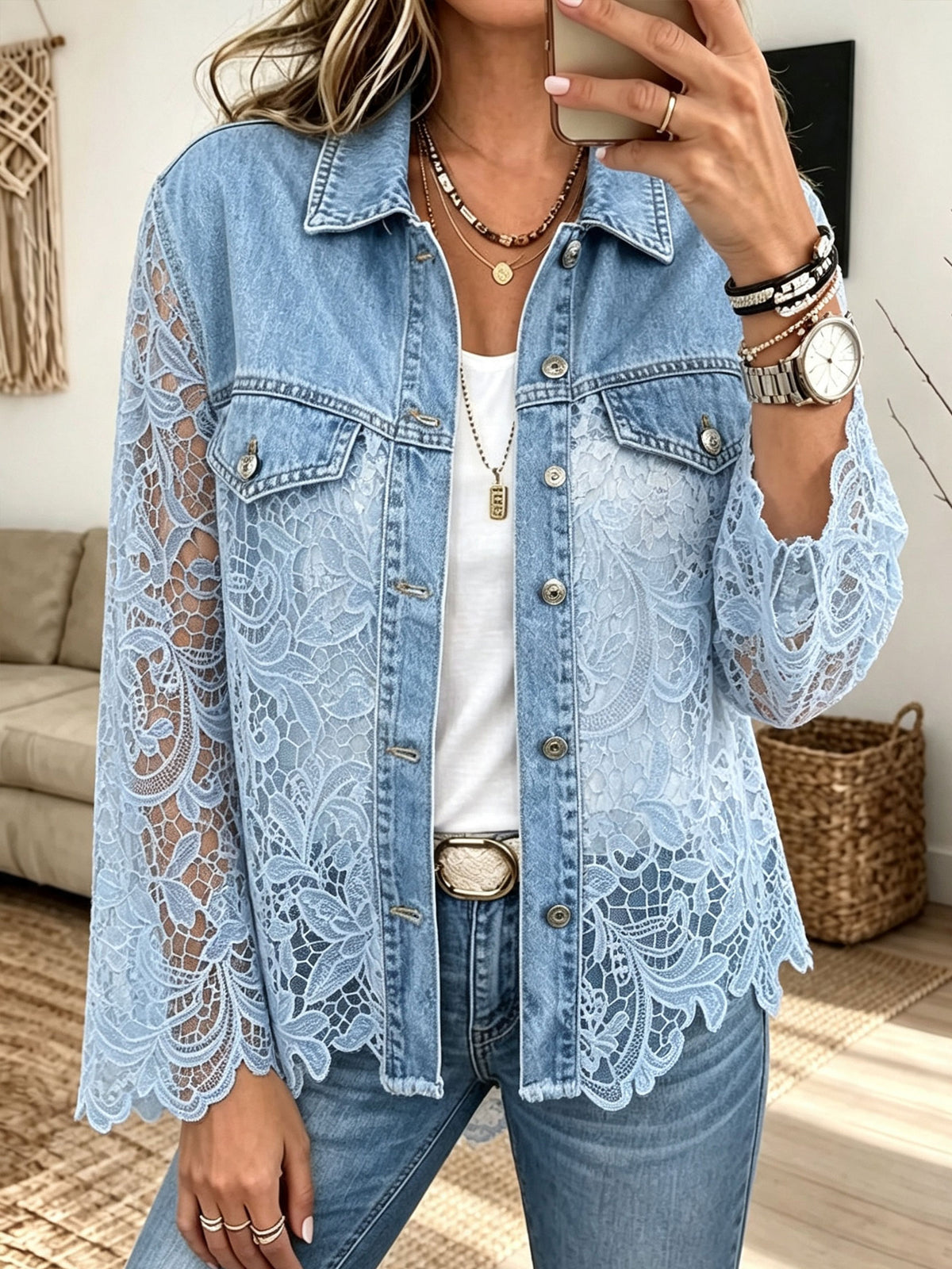 Women Lace Spliced Denim Jacket Stand Collar Button Down Long Sleeve Ruffle Trim Outerwear