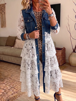 Vintage Elegant Denim Patchwork Hollowed Out Lace Jacket