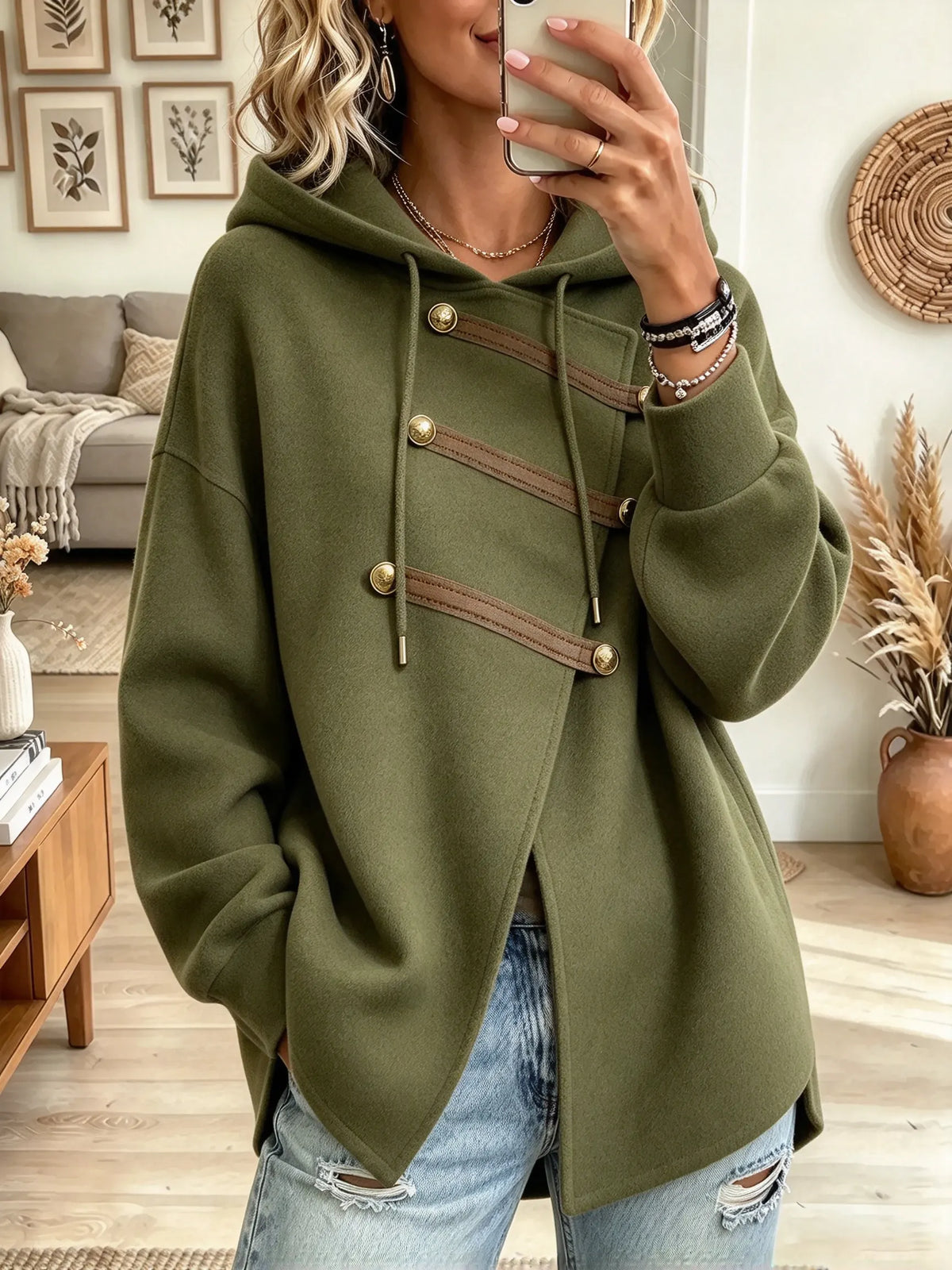 Women's Asymmetric Military Tab Button Hoodie