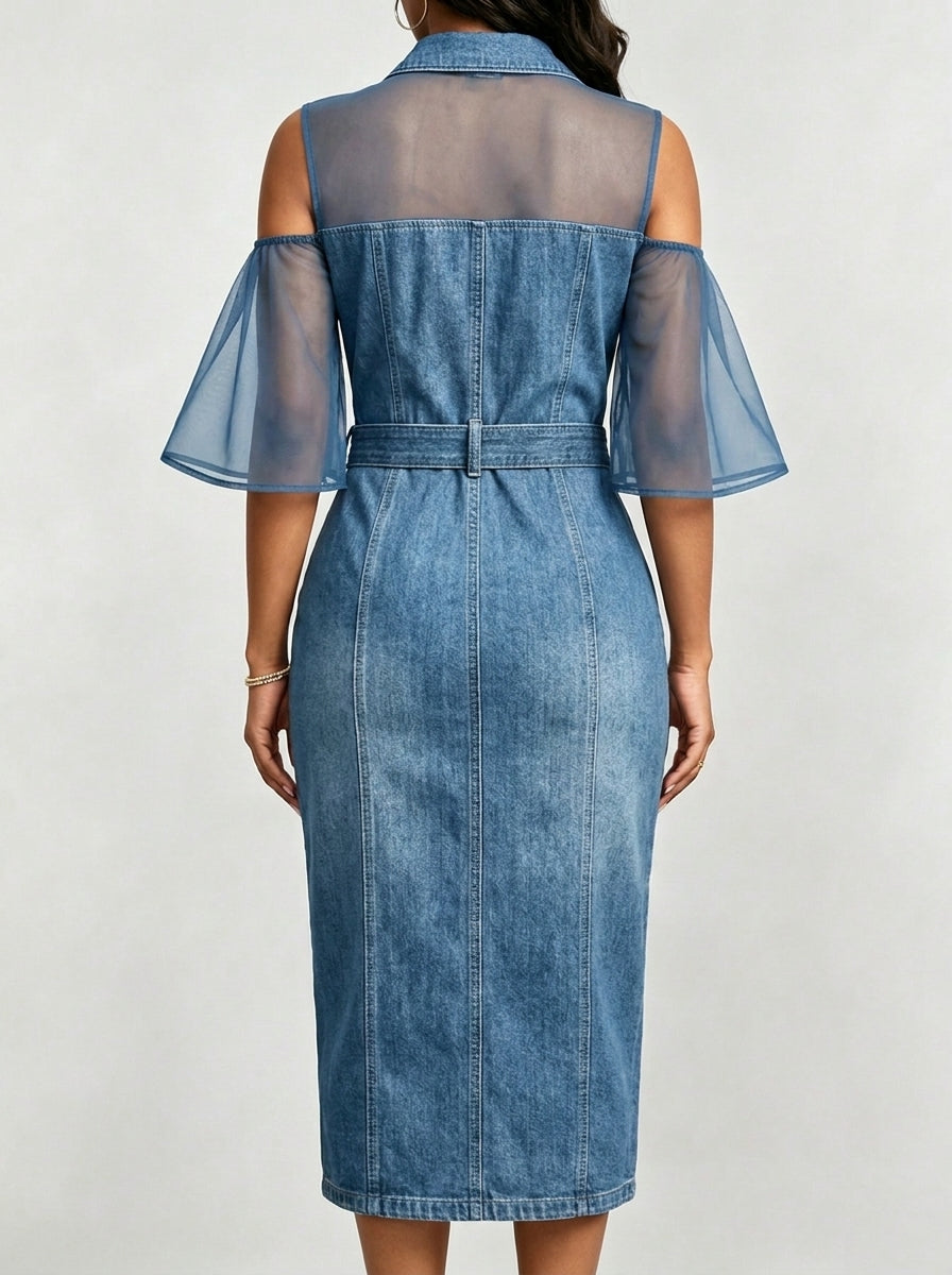 Collared Cold Shoulder Mesh Spliced Belted Denim Midi Dress