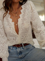 Women Scalloped V‑Neck Lace Blouse Long Sleeve Elegant Cropped Top