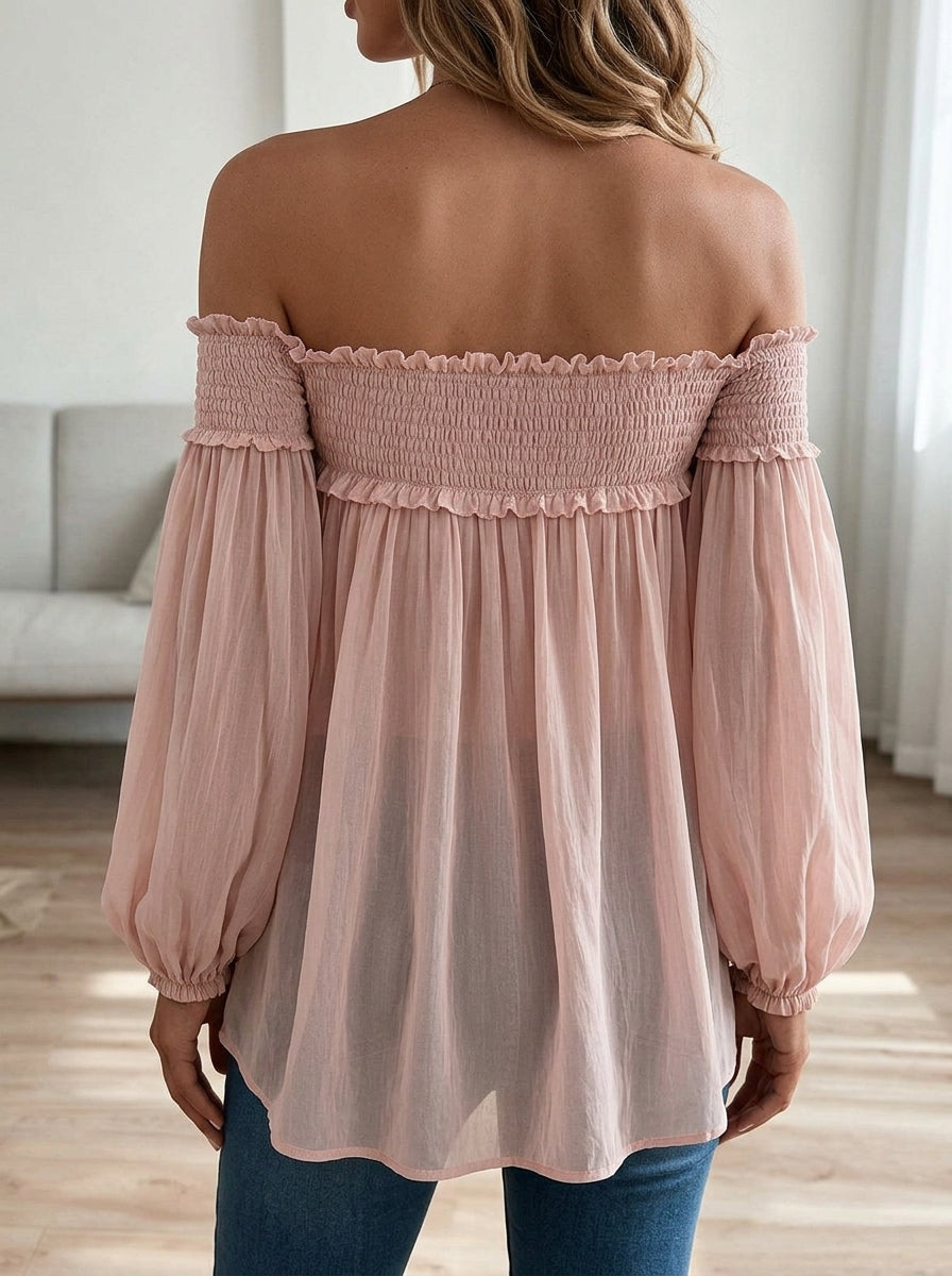 Off Shoulder Smocked Chiffon Blouse with Puff Lantern Sleeves
