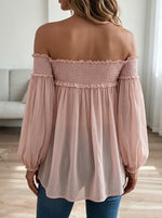 Off Shoulder Smocked Chiffon Blouse with Puff Lantern Sleeves