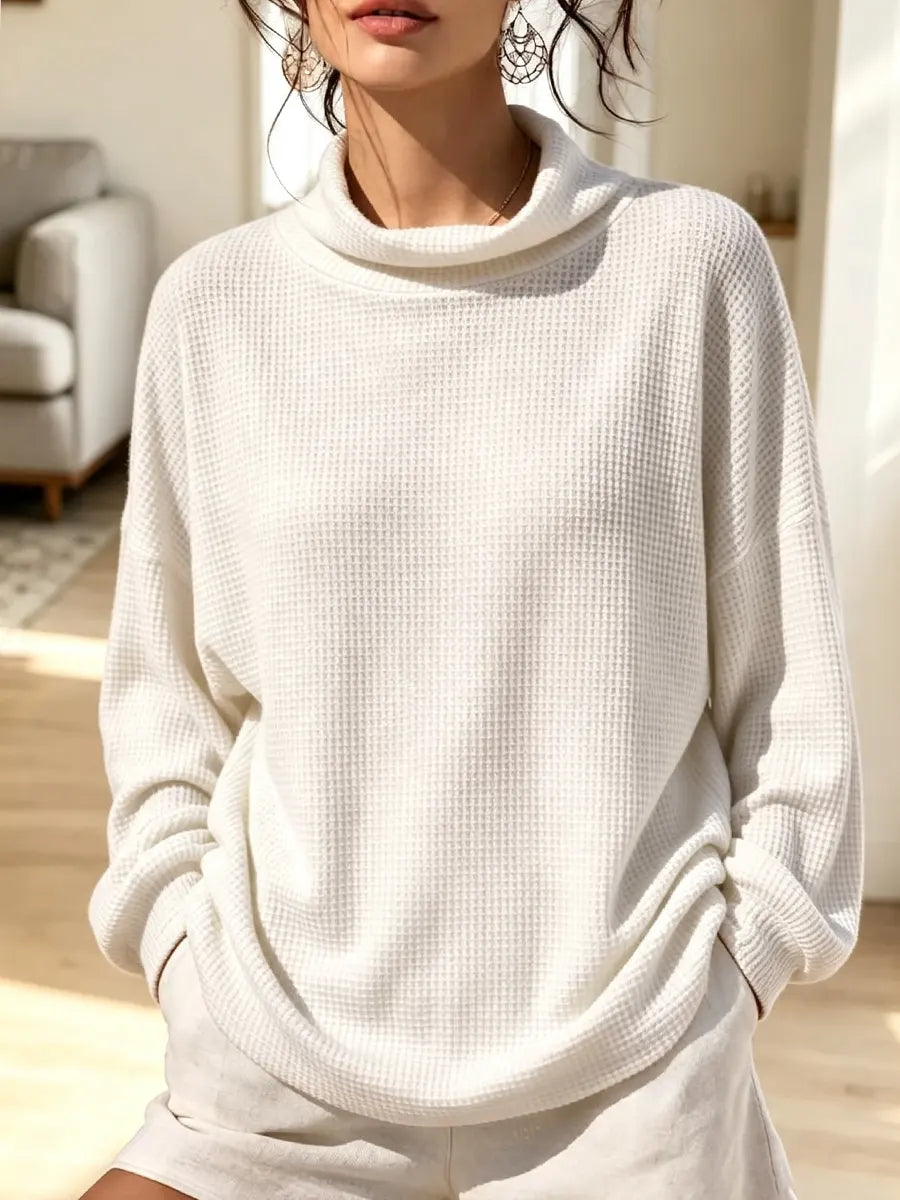 Cozy Waffle Solid Color Art Turtleneck Casual Stylish Long Sleeve Shirt