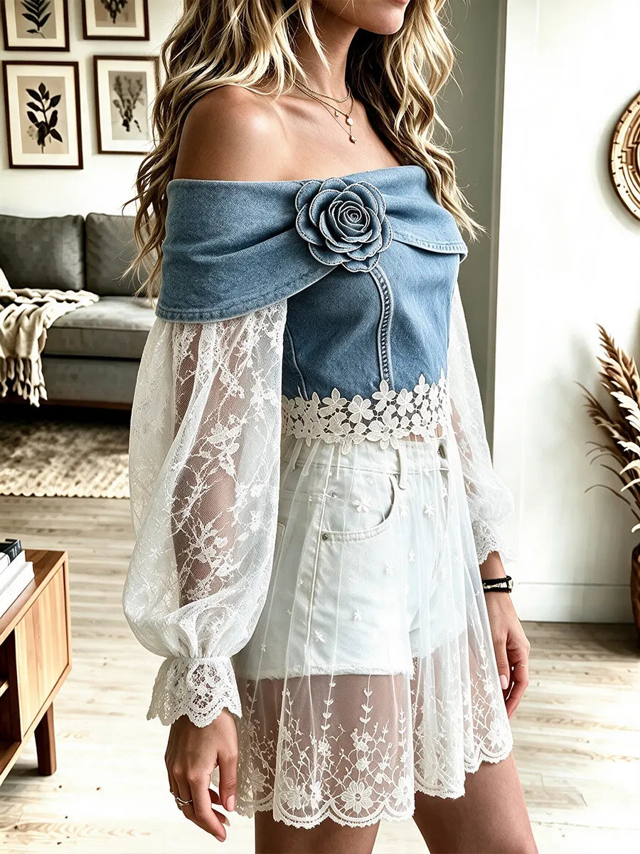 Women's Off-shoulder Denim Lace Patchwork Cropped Top