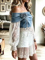 Women's Off-shoulder Denim Lace Patchwork Cropped Top