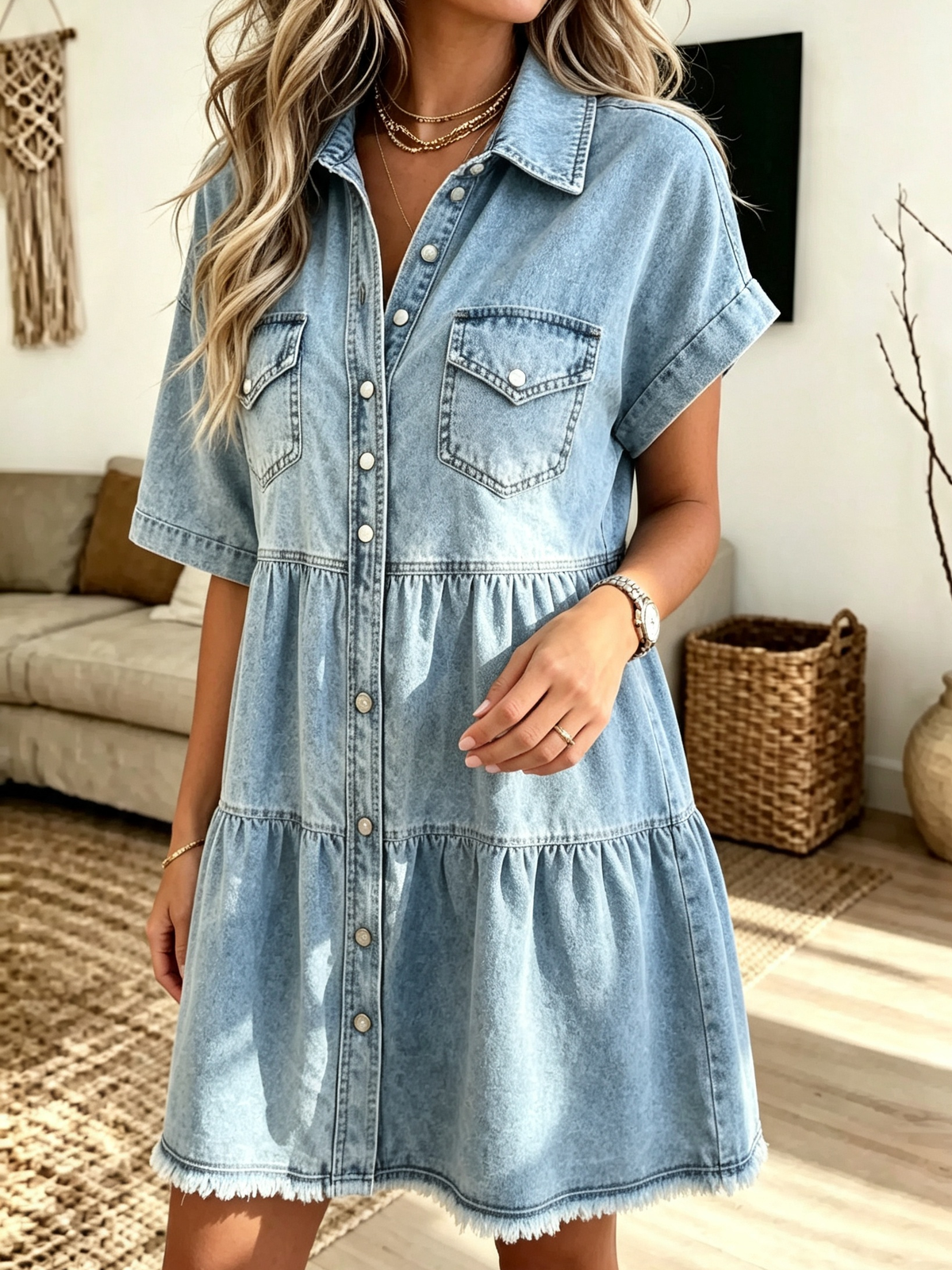 Women's Frayed Hem Tiered Denim Shirt Dress