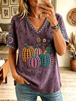 Women's Pumpkin Patchwork V-Neck T-Shirt