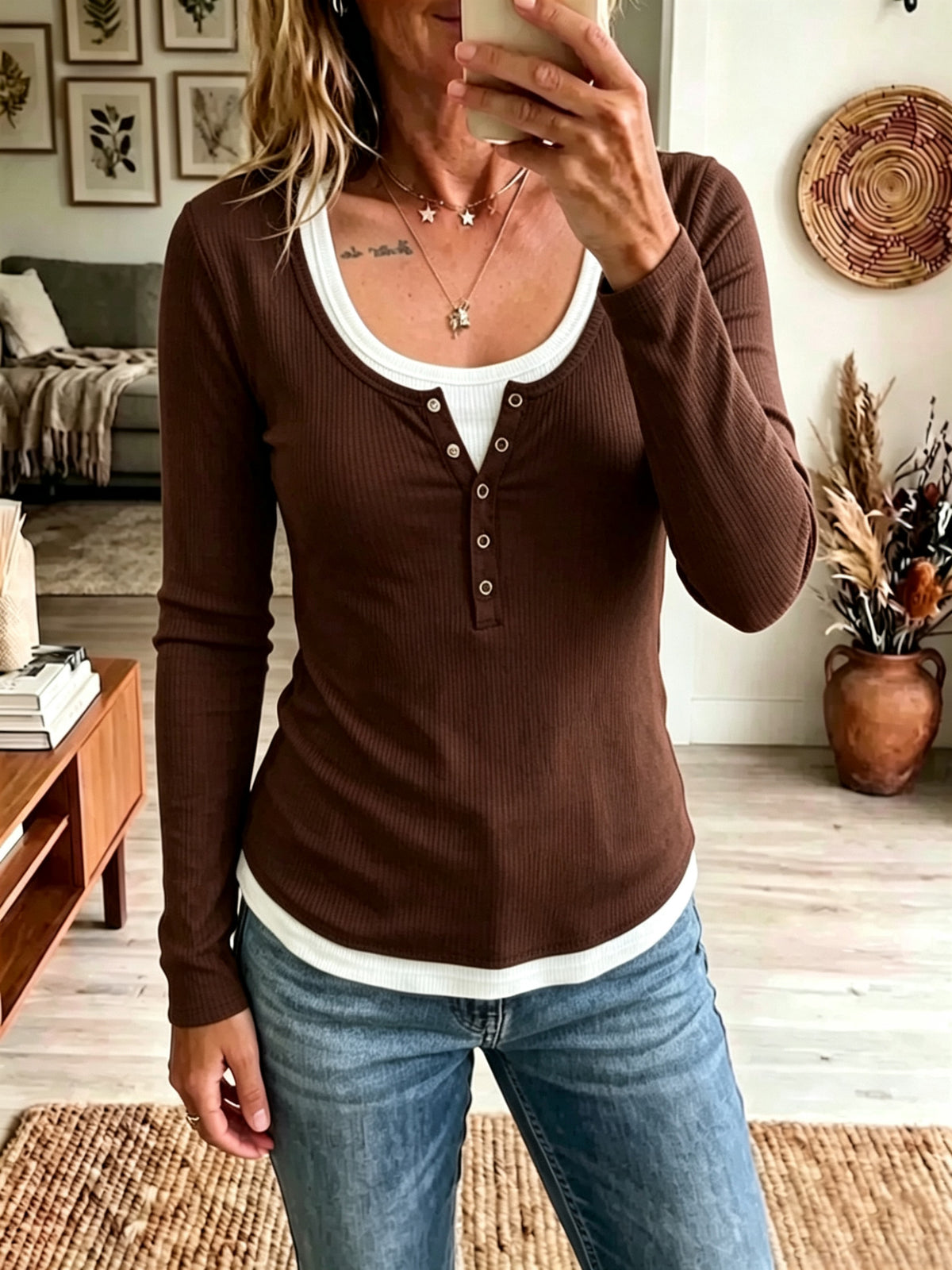 Mock Two‑Piece Ribbed Henley Top, Long Sleeve Scoop Neck Casual Tee