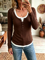 Mock Two‑Piece Ribbed Henley Top, Long Sleeve Scoop Neck Casual Tee