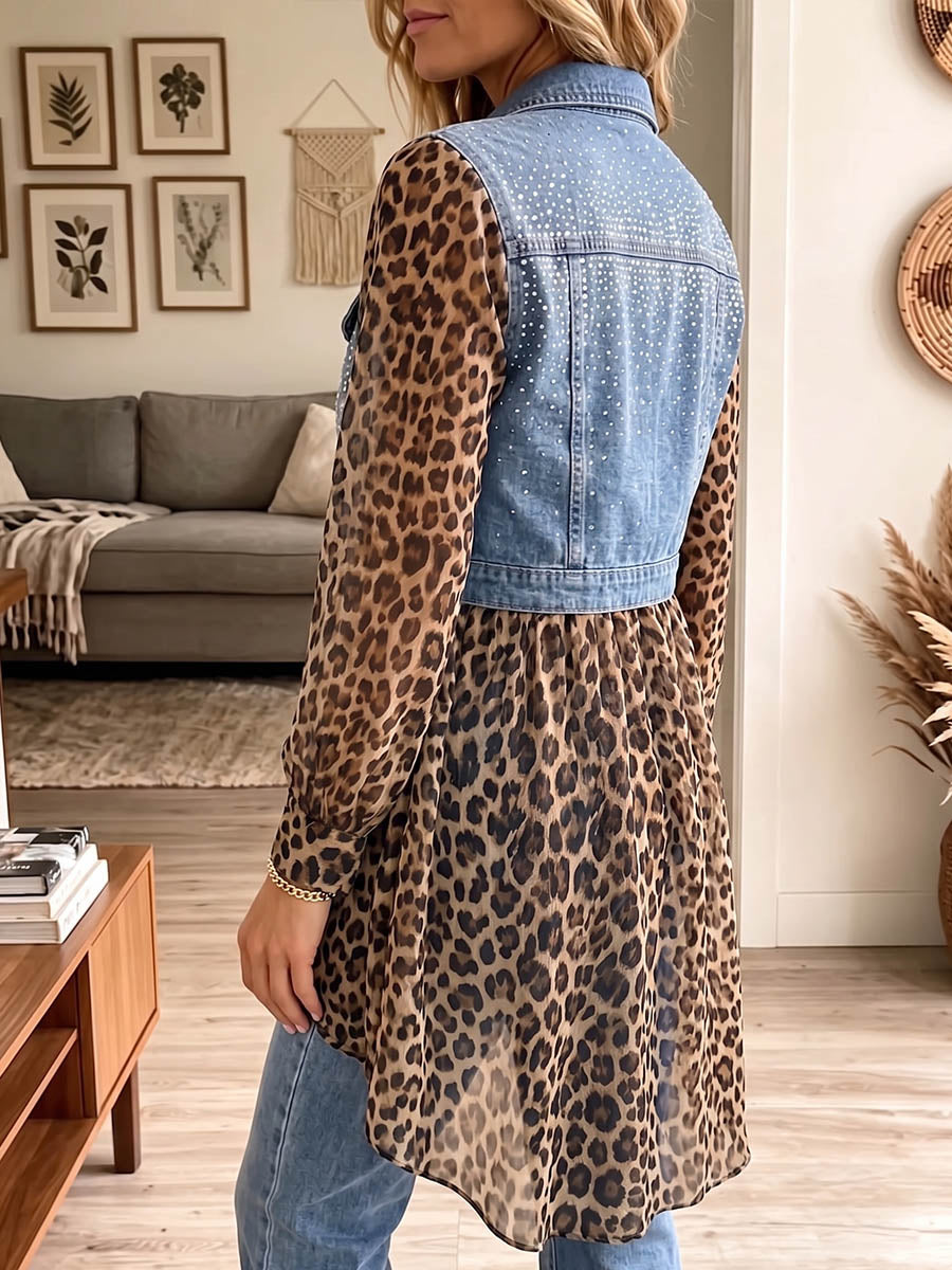 Vintage Elegant Sparkling Rhinestones Denim Patchwork Leopard Print Jacket