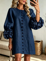 Women's 3D Floral Accent Button-Down Linen Mini Dress