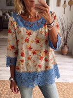 Vintage Elegant Pattern Print Patchwork Hollowed Out Lace Shirt