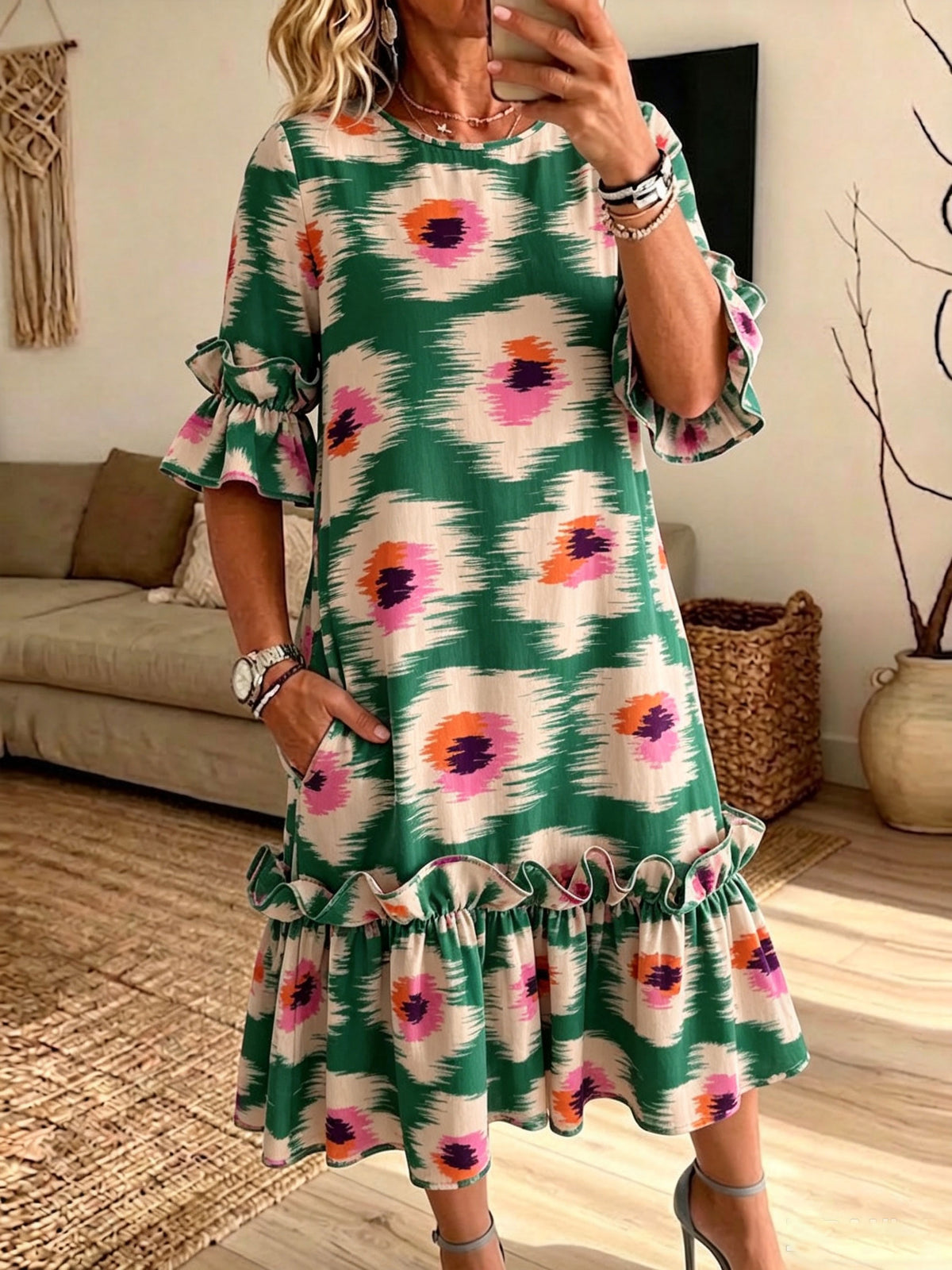 Green Ikat Print Ruffle Sleeve Midi Dress With Pockets