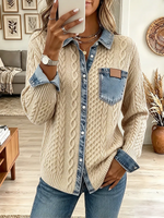 Vintage Elegant Denim Patchwork Textured Knit Fabric Jacket