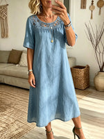 Women's Crochet Cutout Yoke Denim Midi Dress