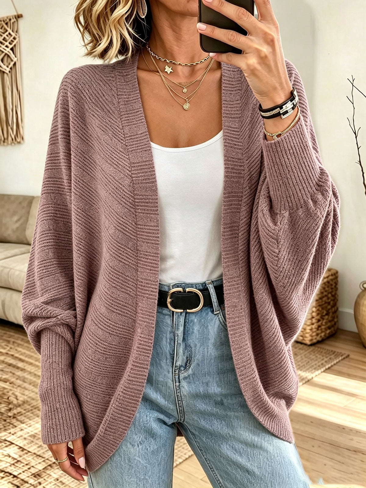 Women Open‑Front Batwing Sleeve Textured Knit Cardigan