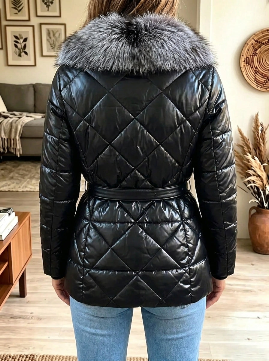 Women's Faux Fur Collar Belted Glossy Puffer Jacket
