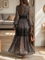 Women's Leopard Chiffon Lace Inset Tiered Maxi Dress
