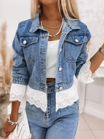 Retro Fashion Floral Lace Art Patchwork Lapel Casual Stylish Denim Coat