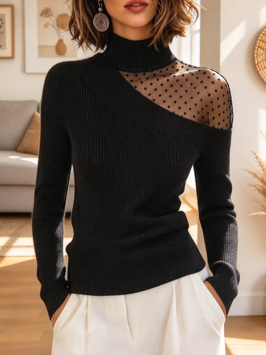Retro Polka Dot Mesh Turtleneck Knit Art Casual Stylish Long Sleeve Sweater