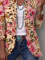 Retro Leopard Floral Patchwork Pattern Art Print Ruffle Casual Stylish Cotton Lapel Coat