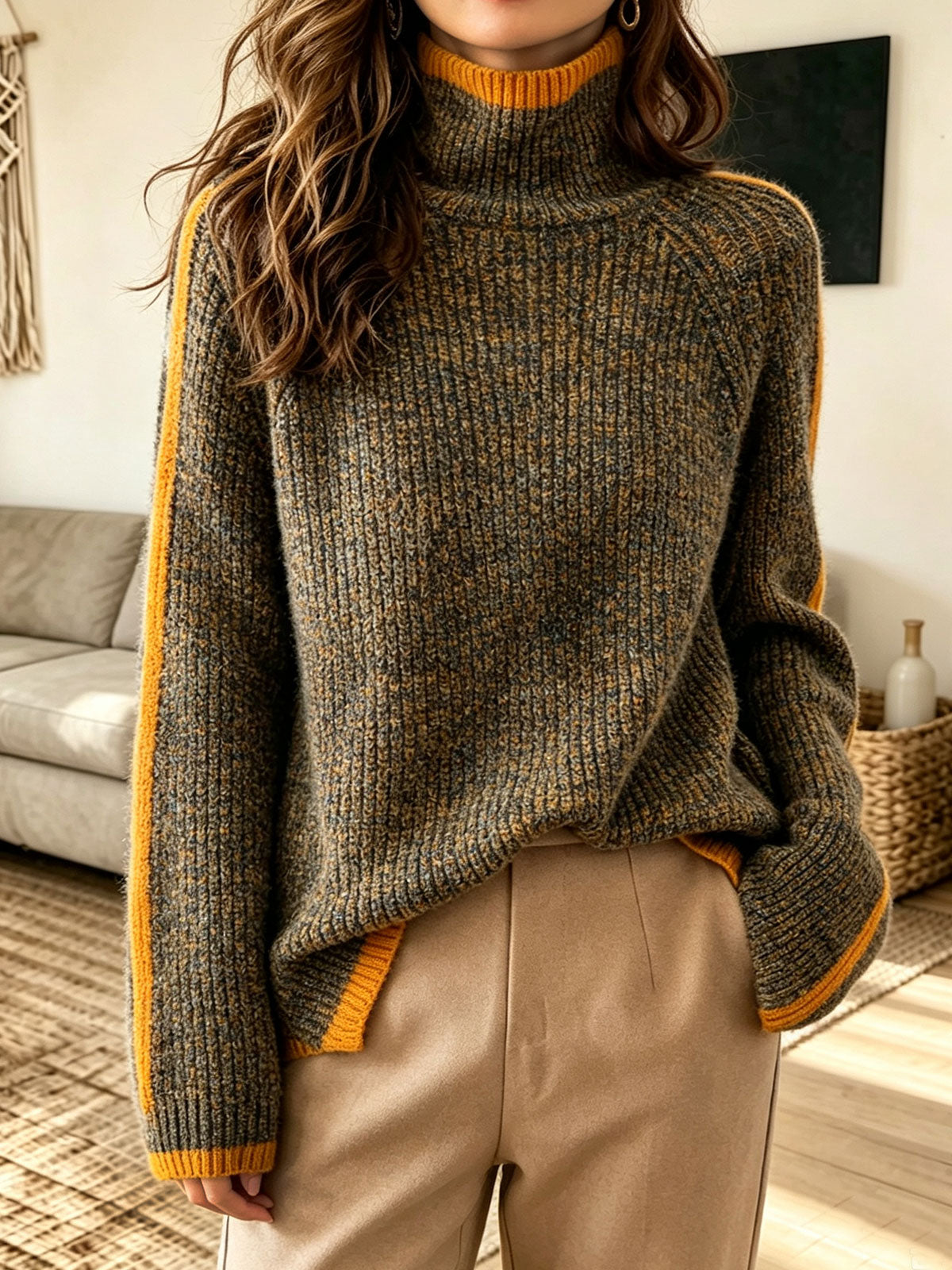 Women Turtleneck Color‑Block Raglan Sleeve Knit Sweater