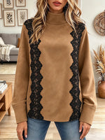 Vintage Elegant Suede Patchwork With Lace Sweatshirt