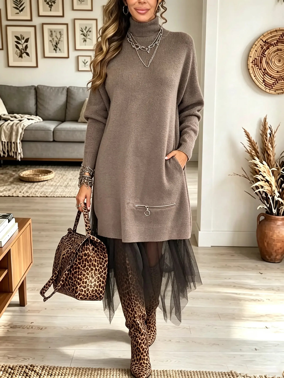 Women's Mock Neck Asymmetrical Tulle Hem Sweater Dress