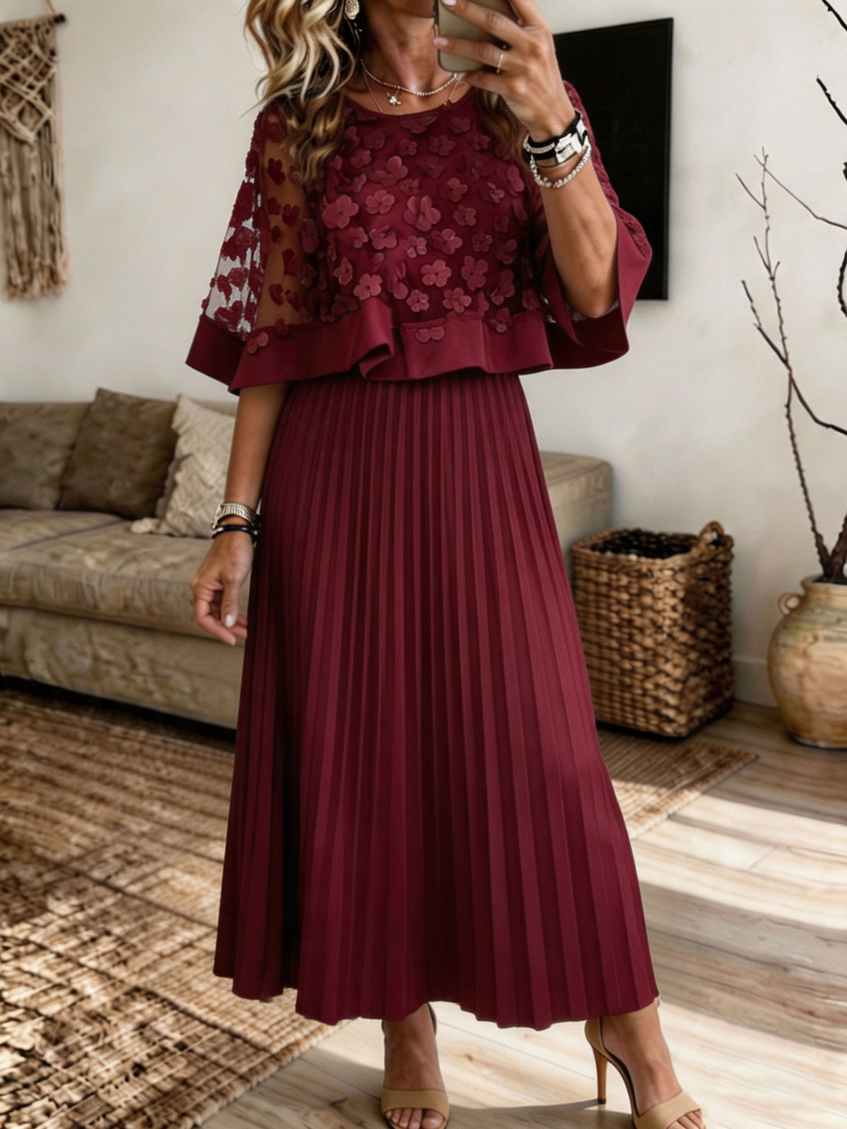 Women 3D Floral Lace Overlay Pleated Midi Dress Round Neck Flare Sleeve Evening Party Dress