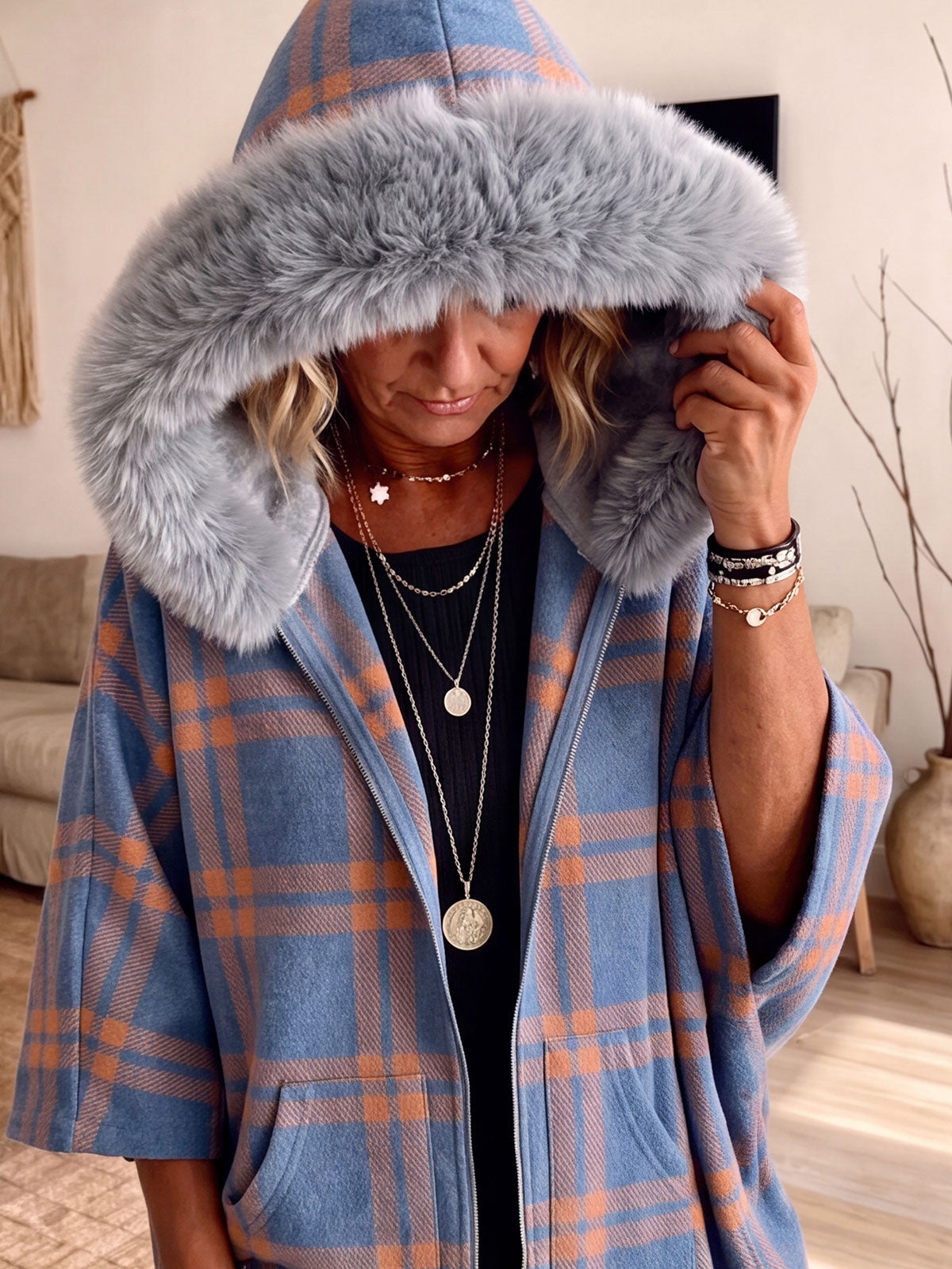 Faux Fur Hood Plaid Zip-Up Poncho Jacket