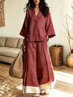 Retro 3/4 Sleeve Art Casual Stylish Top And Wide Leg Pants Two-piece Sets