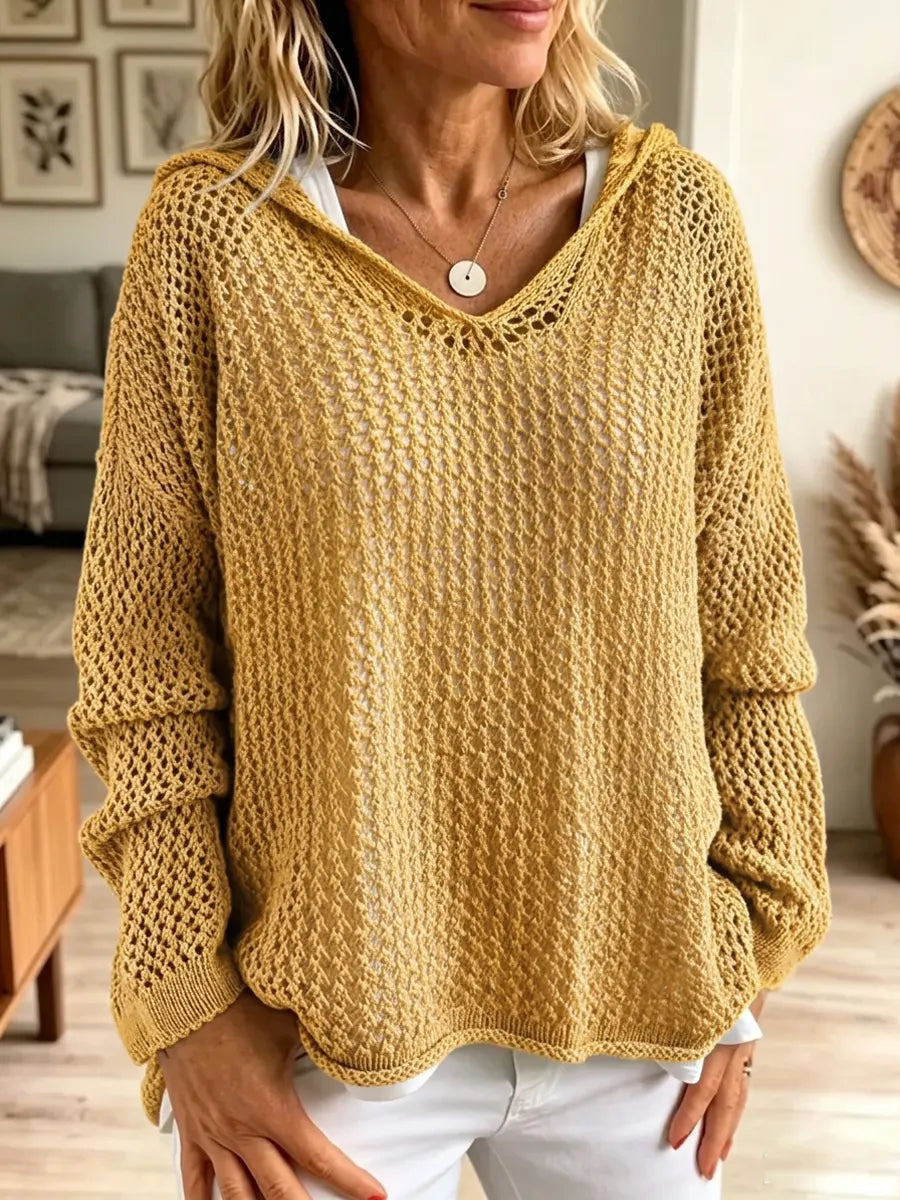 Retro Solid Color Loose Hooded Art Casual Stylish Long Sleeve Knitted Top