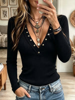 Women's Button Accent V-Neck Fitted Top