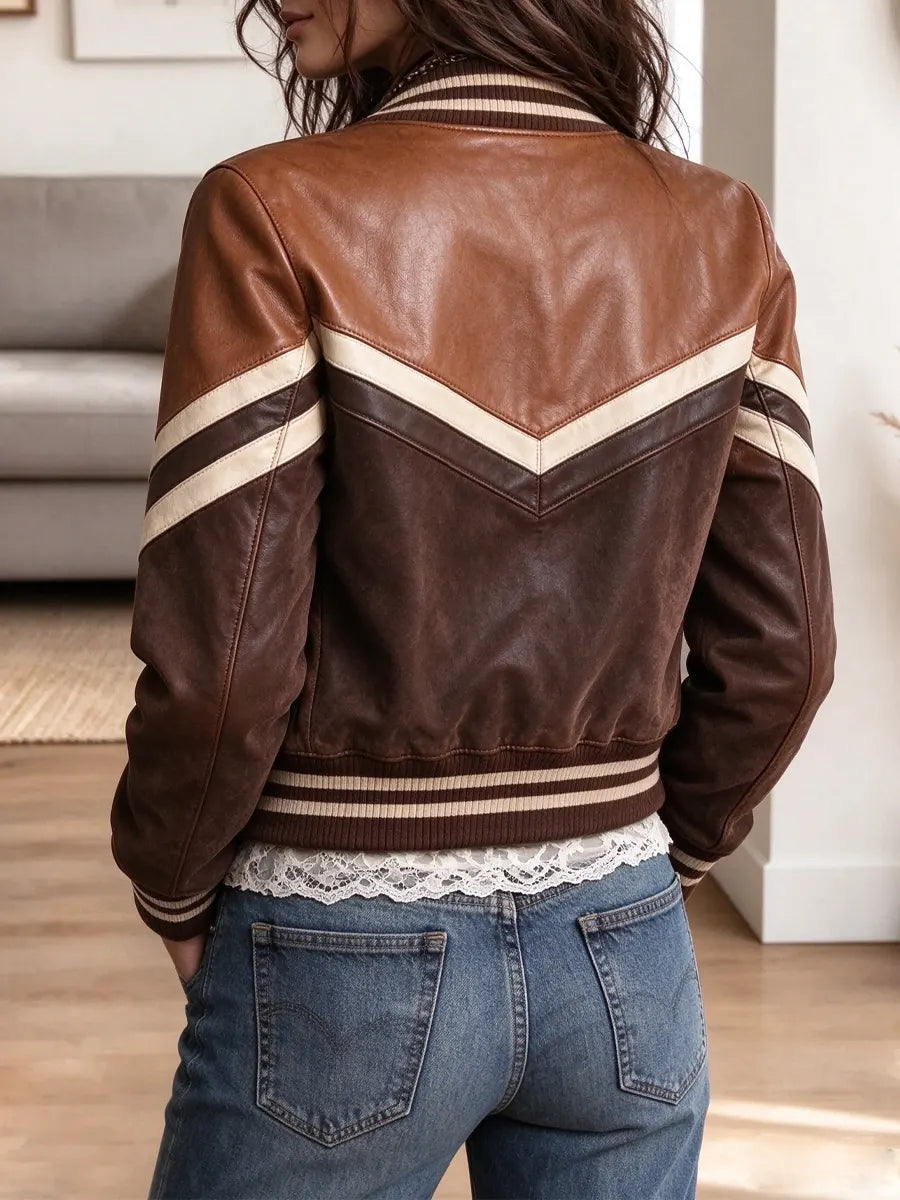 Retro Color Block Leather Art Casual Stylish Long Sleeve Coat