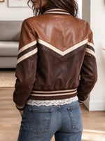 Retro Color Block Leather Art Casual Stylish Long Sleeve Coat