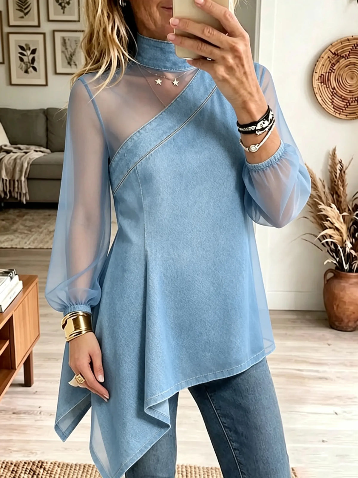Women's Asymmetrical Sheer Sleeve Denim Top