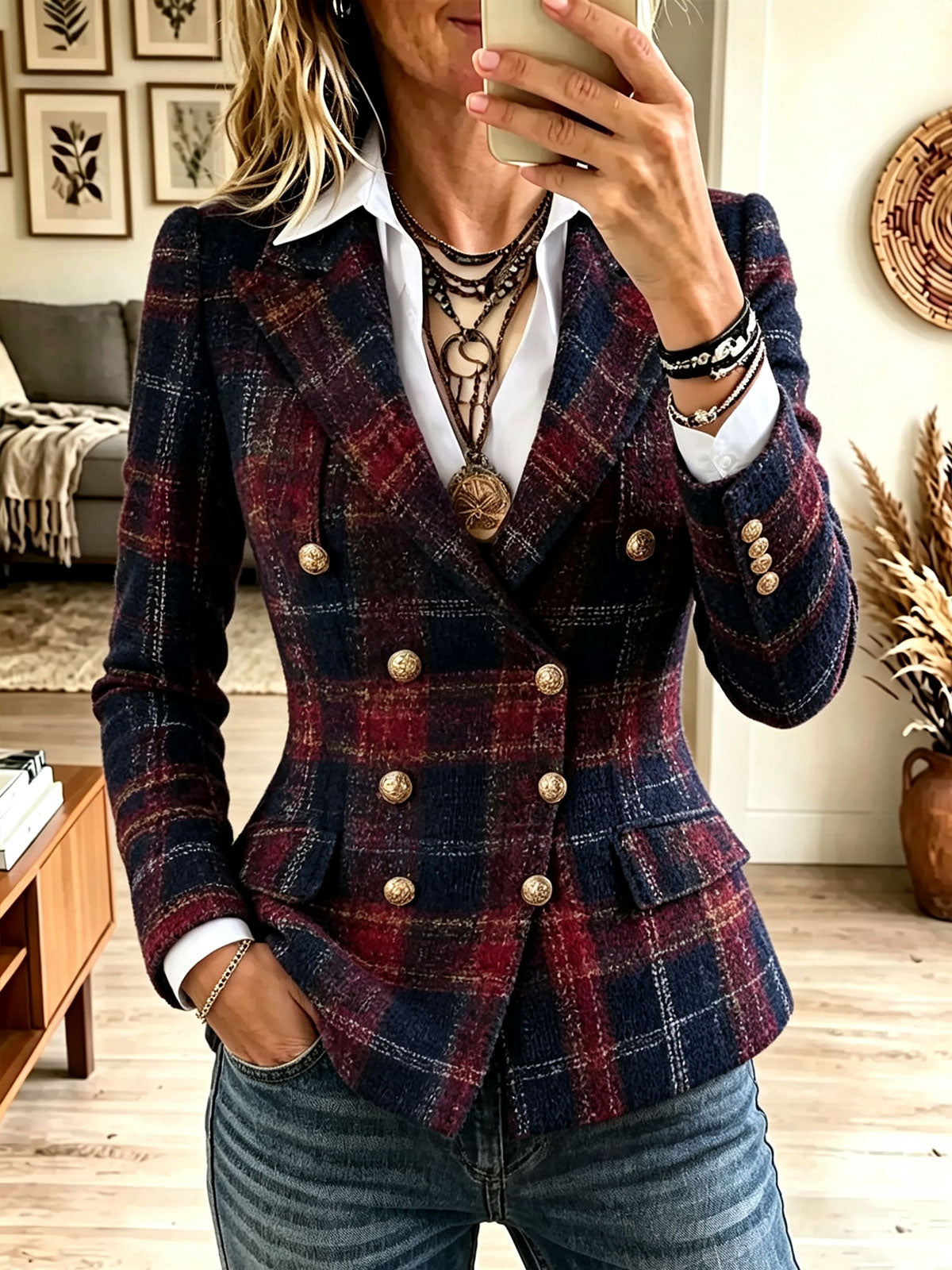Women Plaid Double Breasted Slim Fit Tweed Blazer Jacket