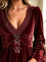 Women's Velvet Embroidered Bell Sleeve Mini Dress