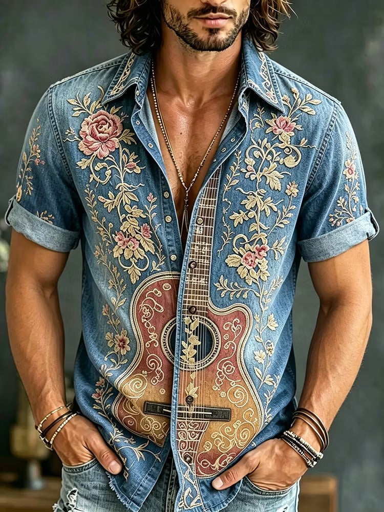 Men's Denim Floral Guitar Print Button-Up Shirt