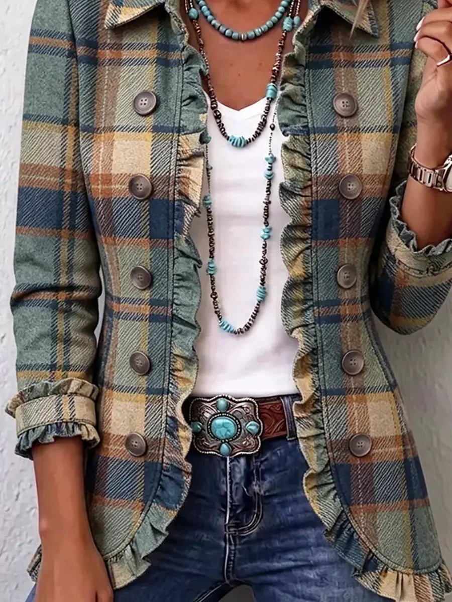 Retro Plaid Pattern Art Print Ruffle Casual Stylish Cotton Lapel Coat