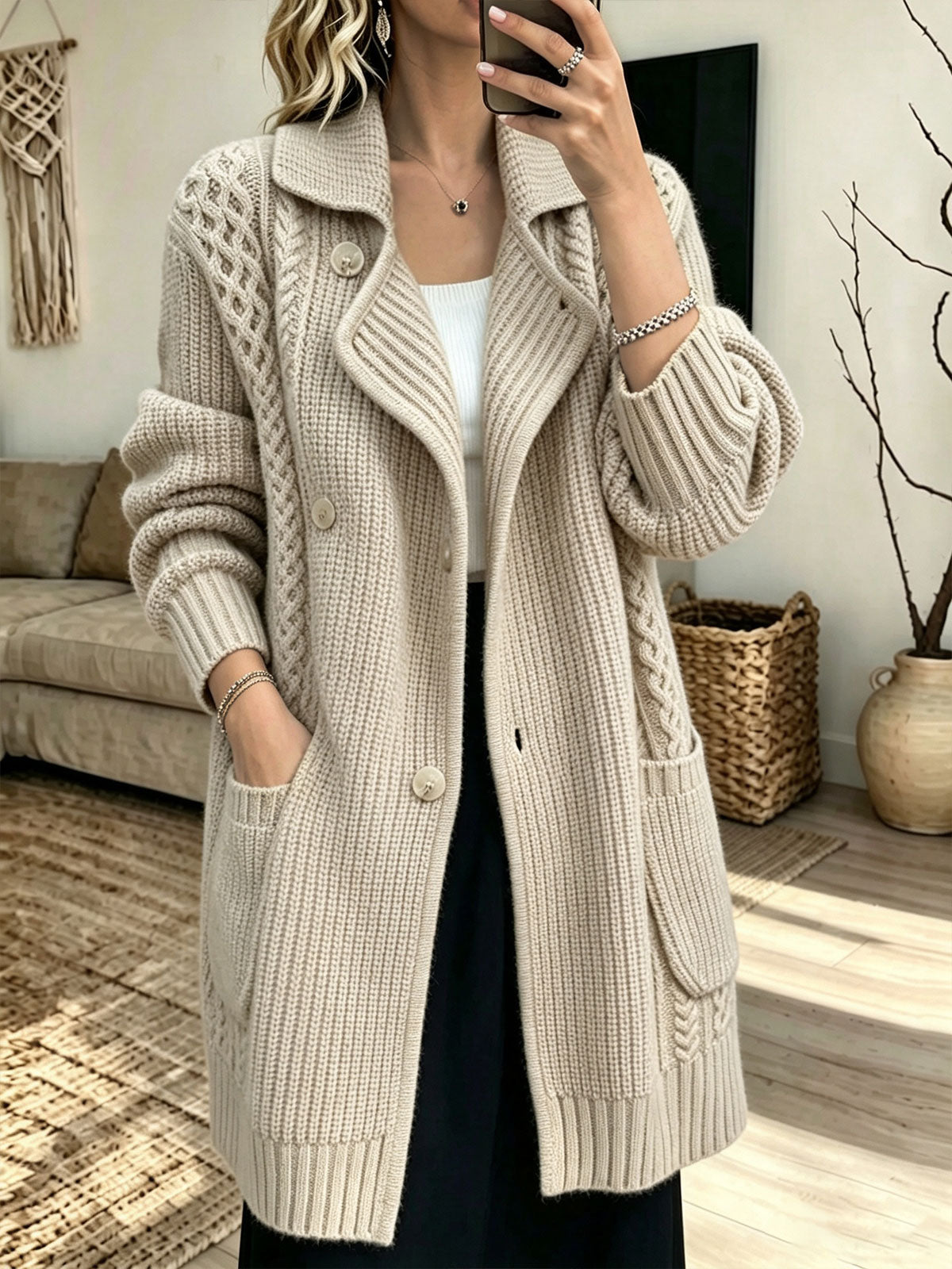 Women Lapel Collar Double‑Breasted Cable Knit Mid‑Length Cardigan Coat