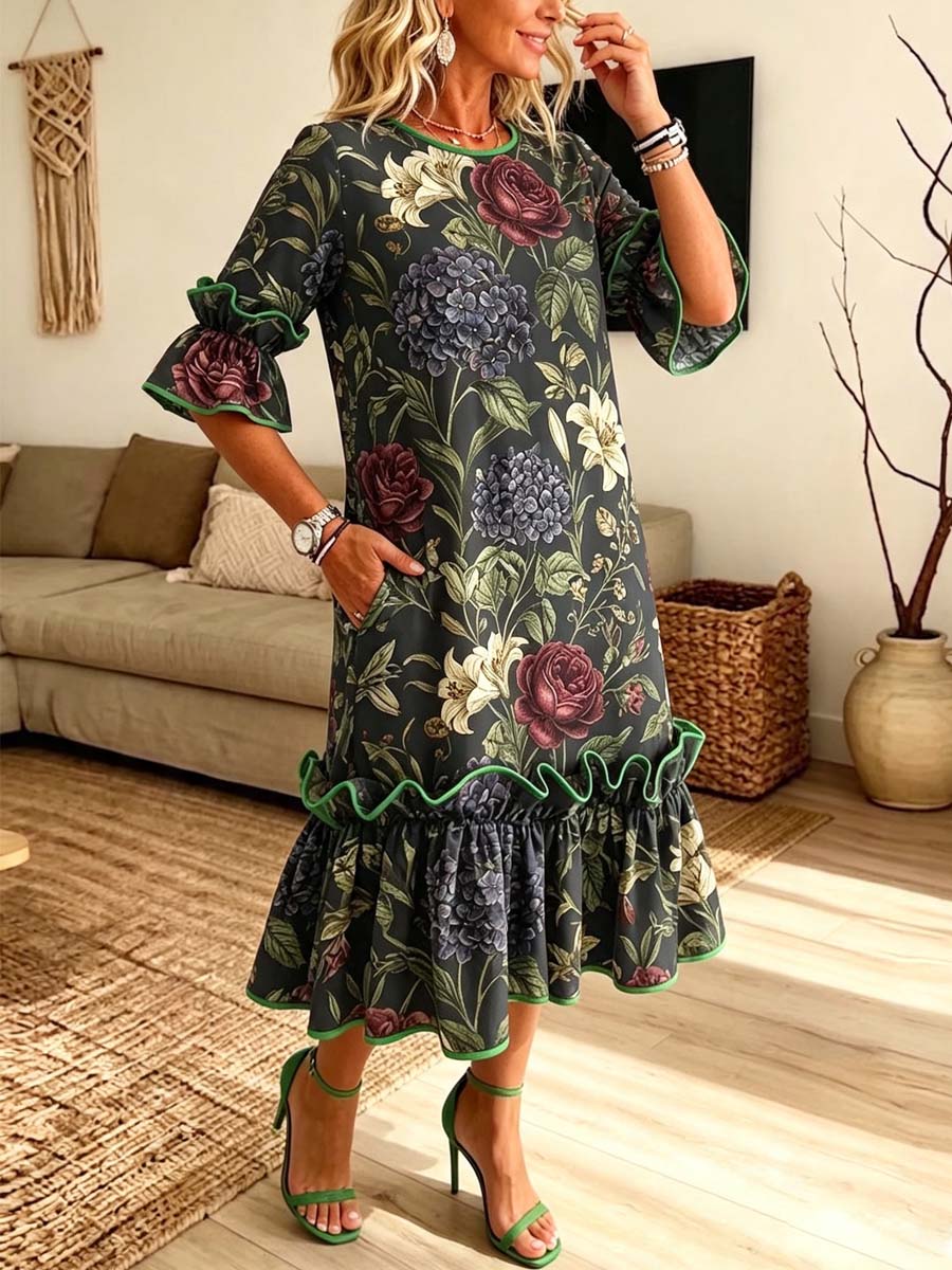 Retro Floral Pattern Art Print Casual Ruffle Stylish Cotton Linen Dress